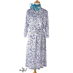 Vintage 80s Dress Blair Blue and White Elastic Waist w Scarf Sz M 14P - Hey Viv